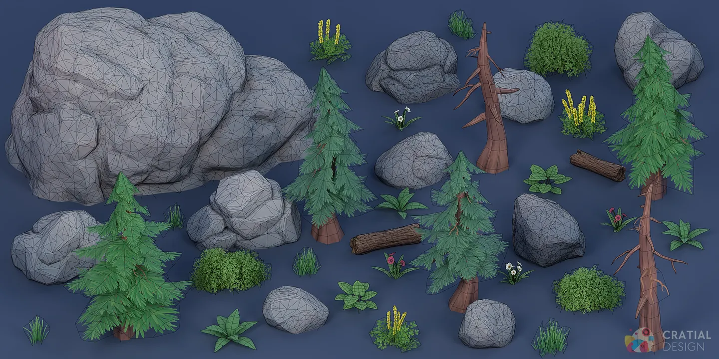 Complete pine forest asset collection shown with wireframe topology overlays.