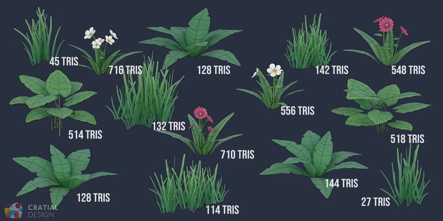 Stylized flower and grass models shown with wireframe topology overlays.