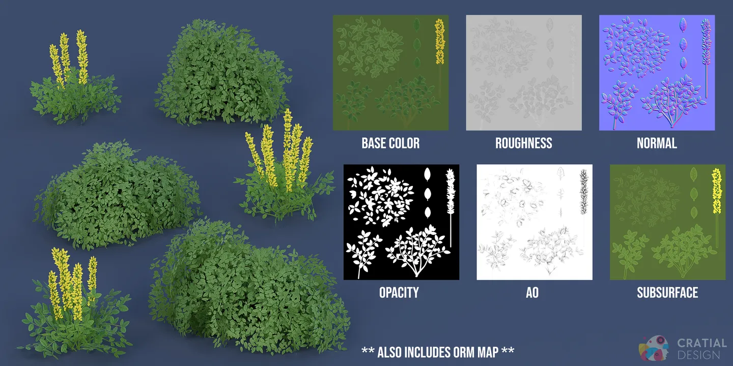 Pine forest assets shown beside labeled PBR texture-map examples.