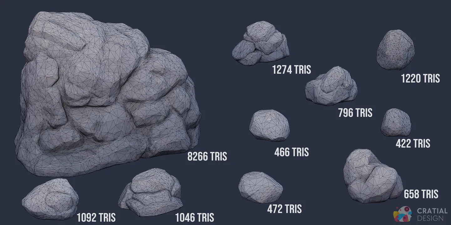 Stylized rocks and cliff face shown with wireframe topology overlays.
