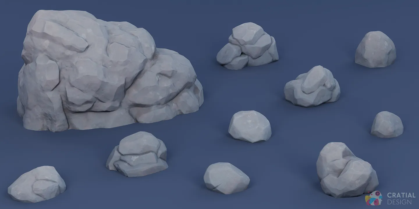 Stylized rock variations and a larger cliff face arranged together.