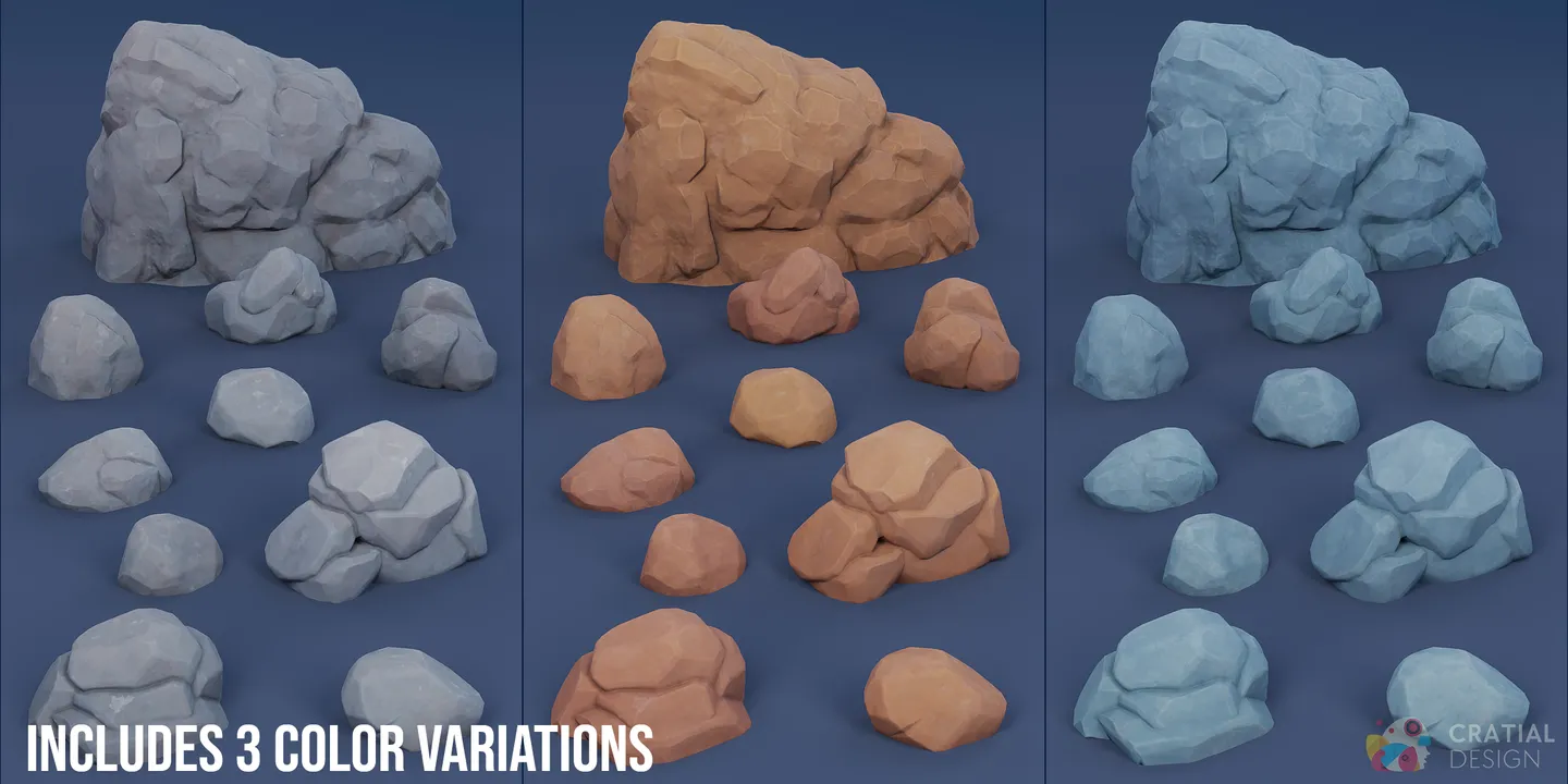 Stylized rocks shown with three material color variations.