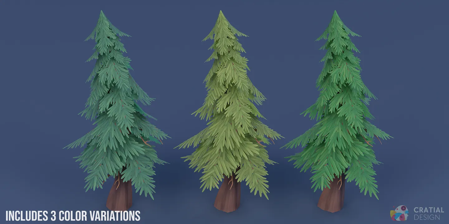 Stylized pine trees shown with three foliage color variations.