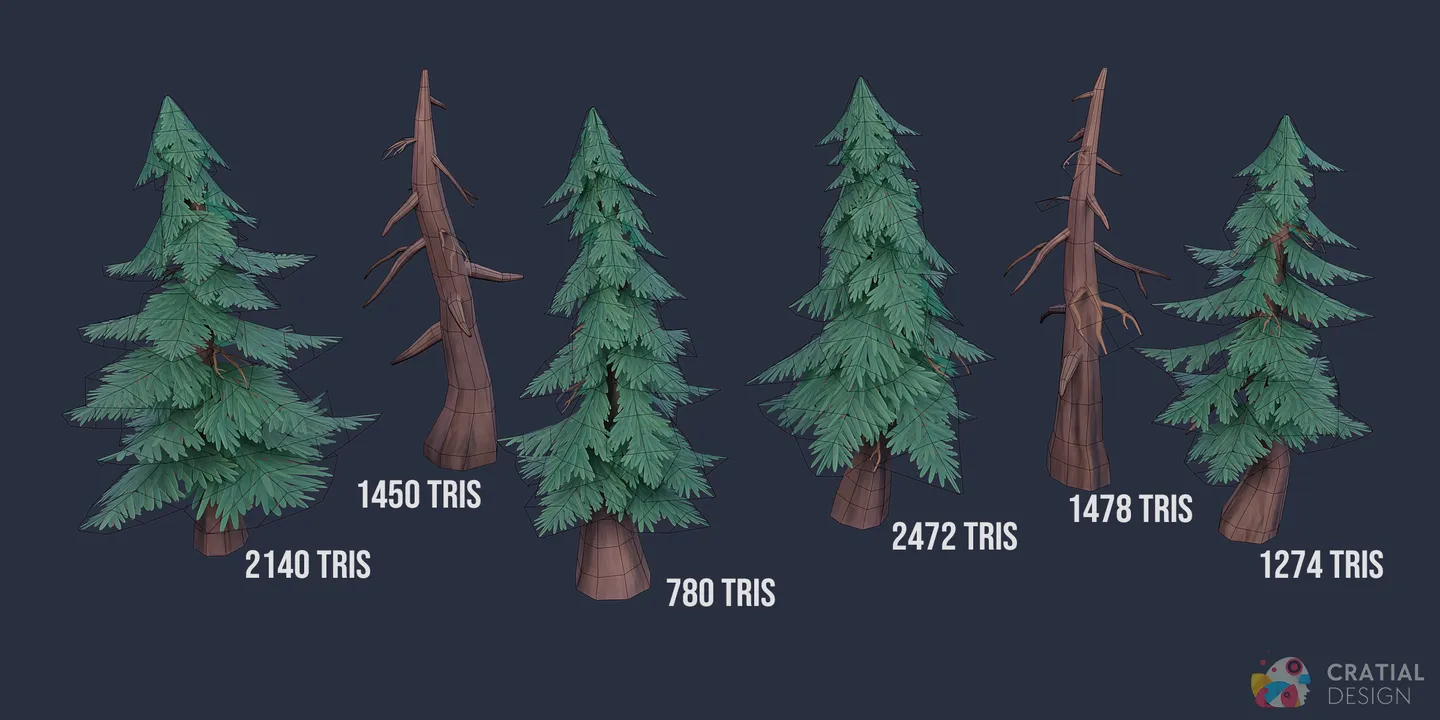 Four pine tree models shown with wireframe topology overlays.