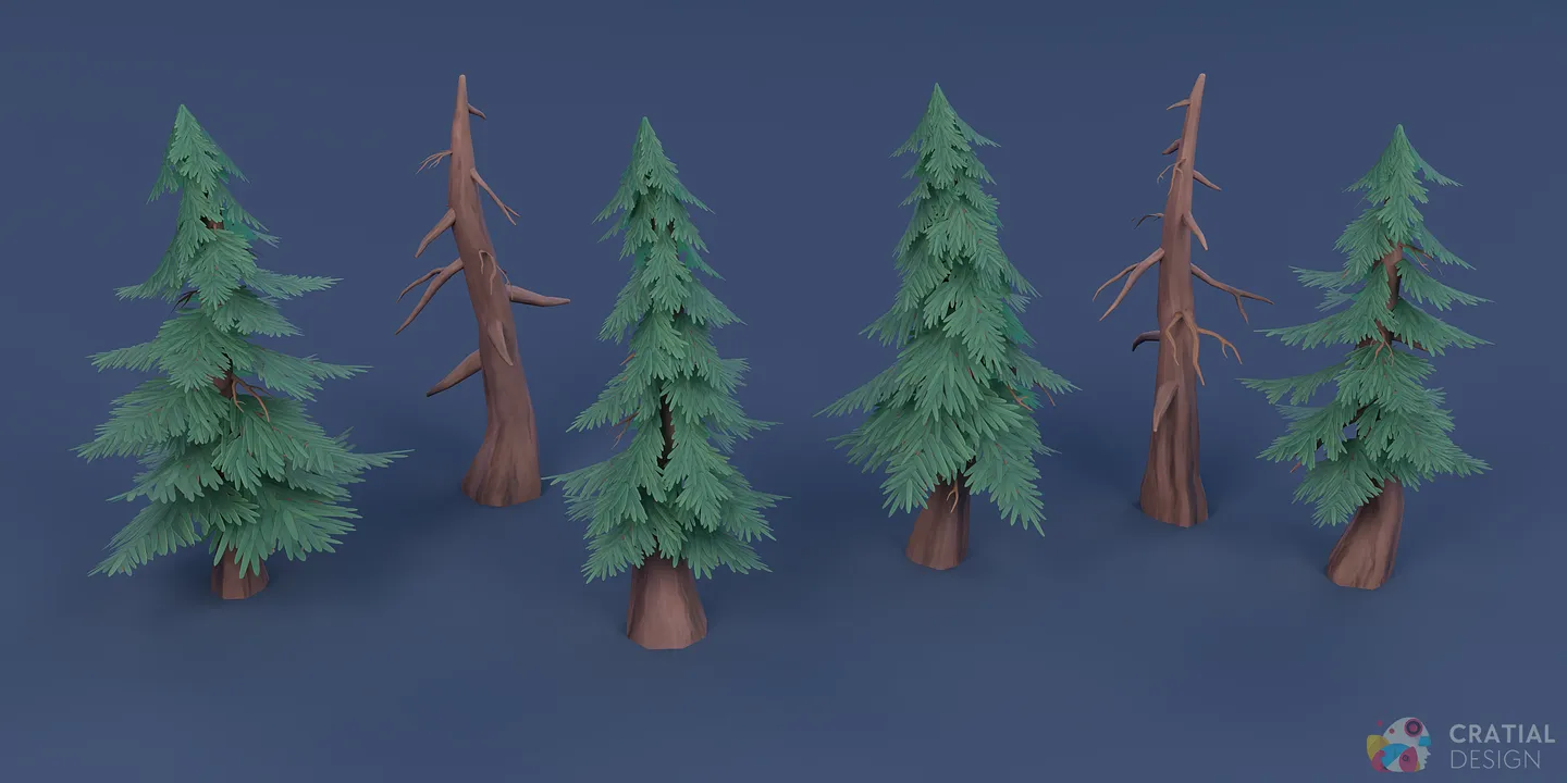 Four stylized pine tree variations with layered evergreen branches and different silhouettes.
