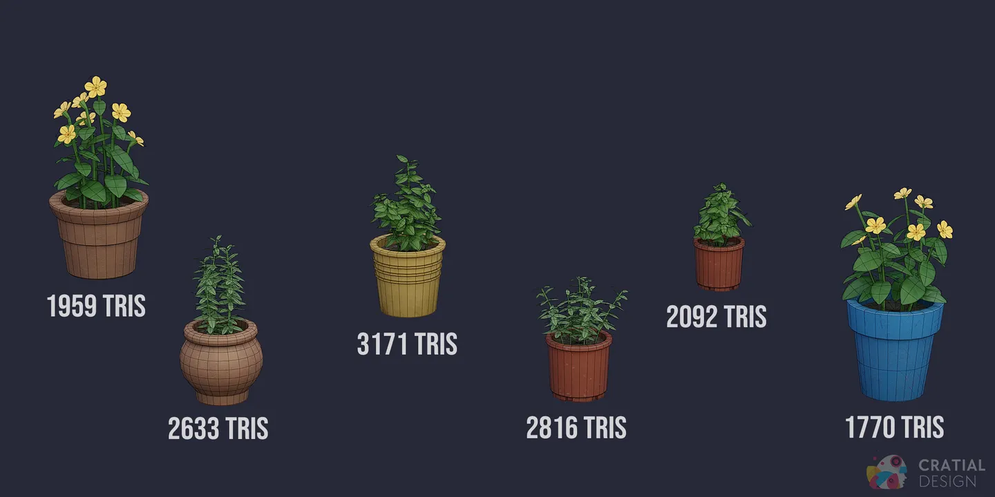 Stylized plants shown across several decorative pot shapes and colors.