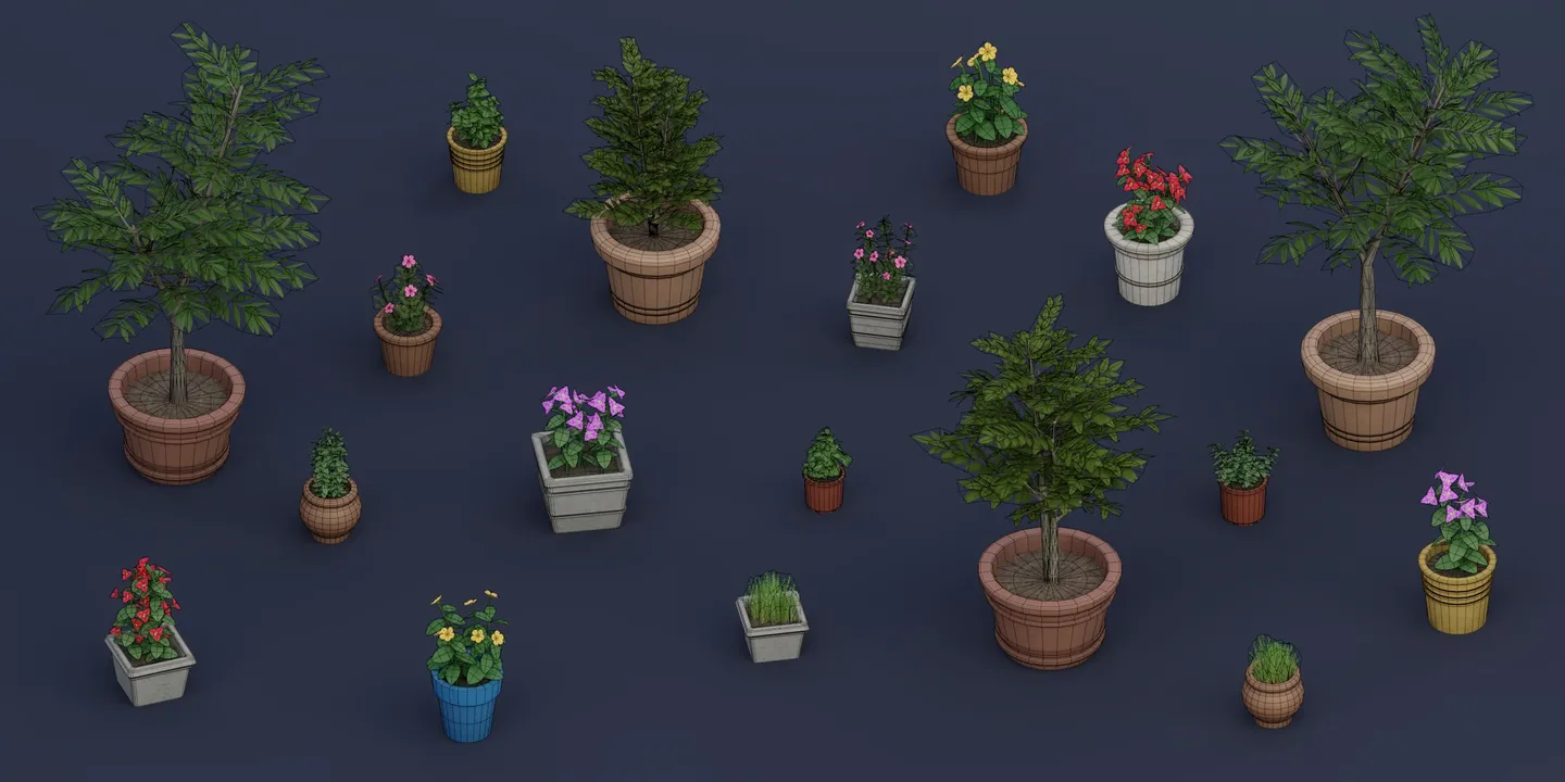 Complete potted plant collection shown with wireframe topology overlays.