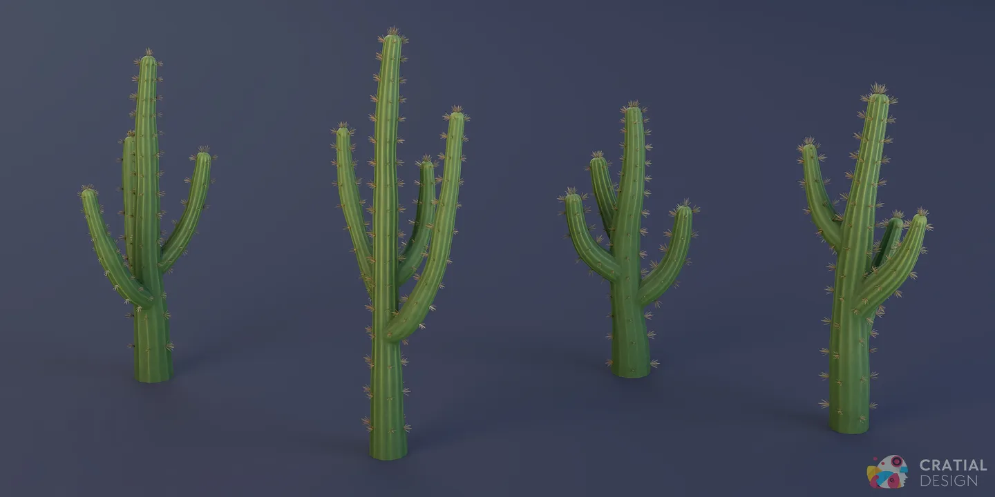 Four stylized saguaro cactus variations with different heights and branching shapes.