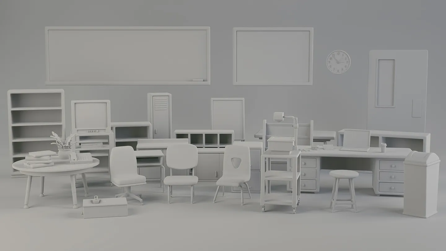 Complete school asset collection shown as untextured clay models, including desks, chairs, boards, storage, electronics, and smaller props.