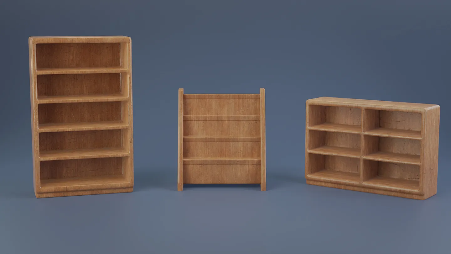 Three wooden bookcase variations arranged together with books.