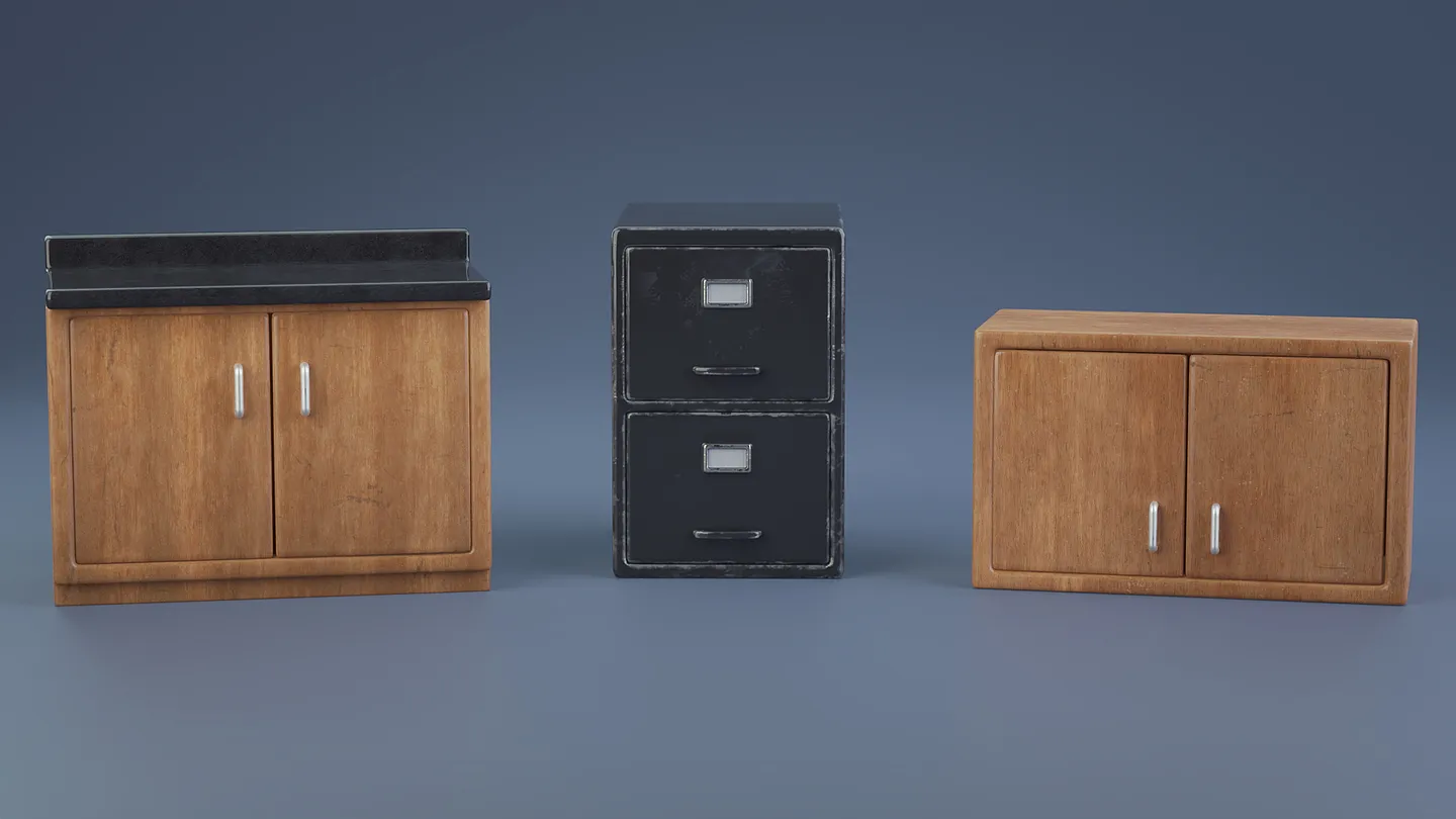 Upper and lower wooden cabinet models for stylized school interiors.