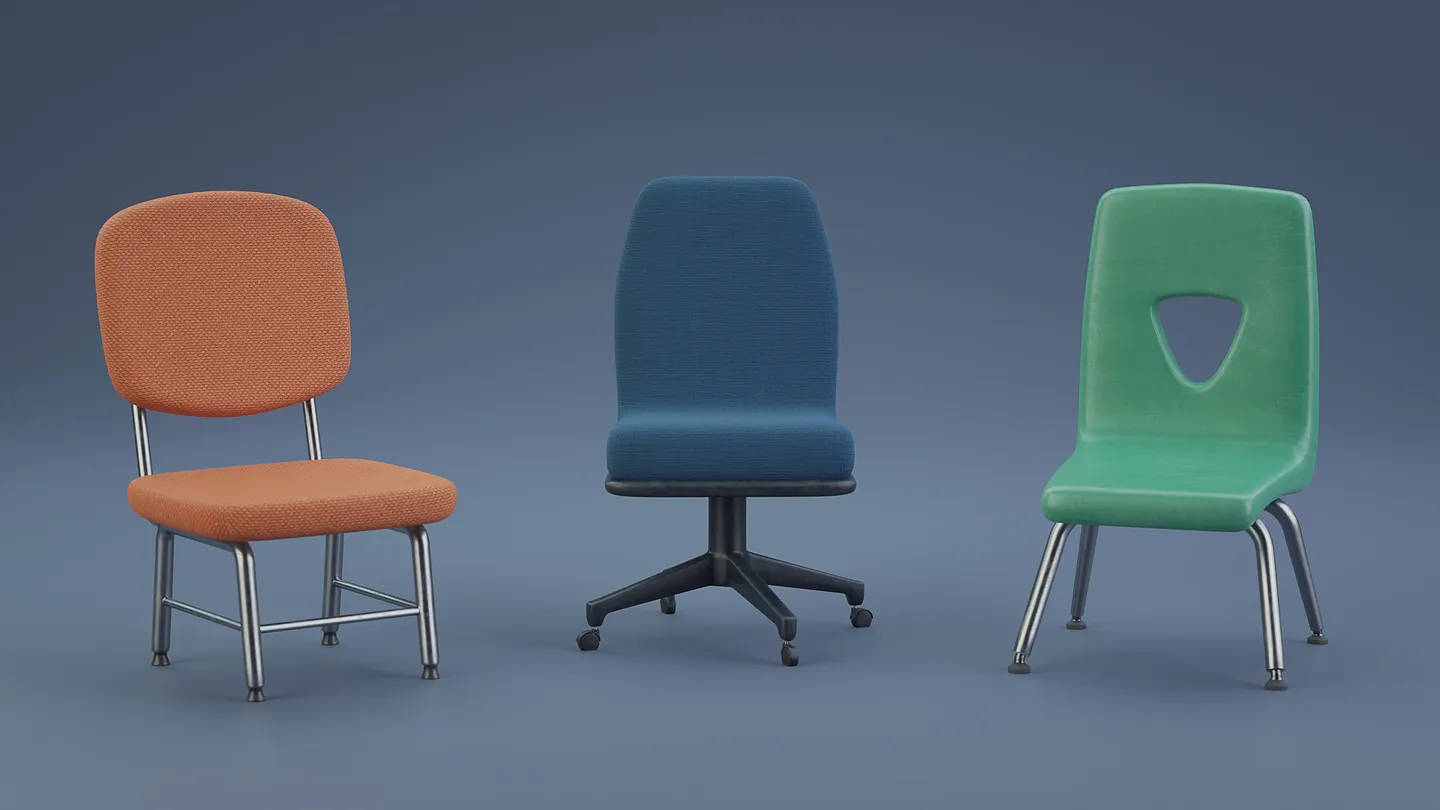 Three stylized classroom chair variations in different colors and shapes.