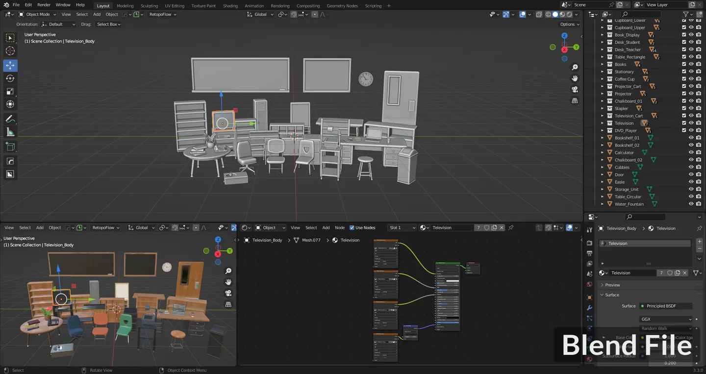 Blender interface showing the complete school accessories collection arranged in one scene.