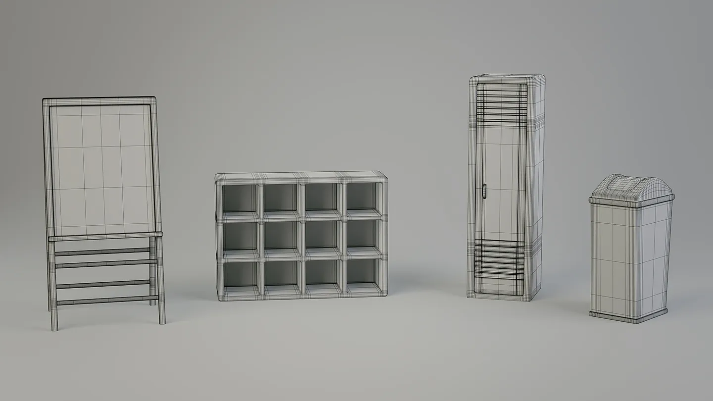 Stylized locker variations and a freestanding classroom easel.
