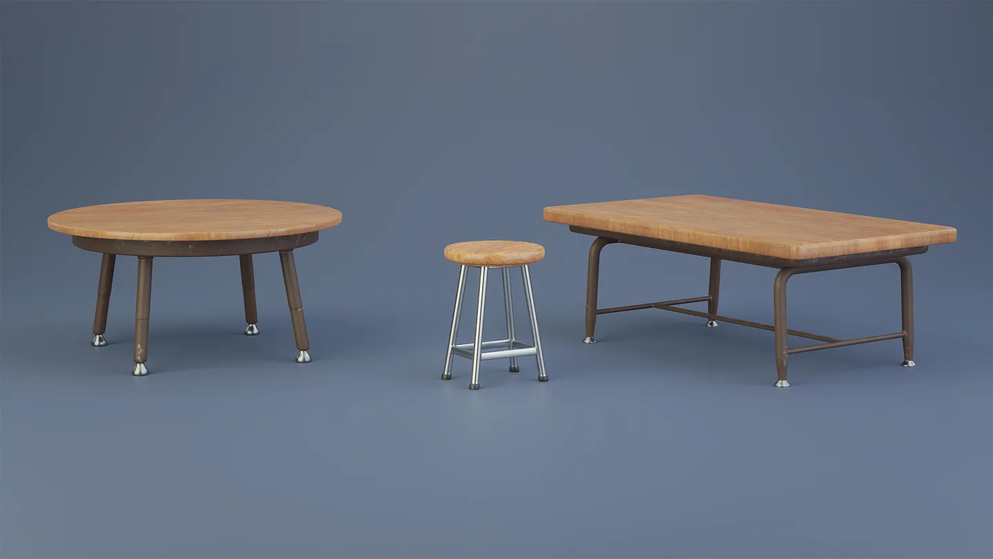 Round and rectangular stylized school tables arranged together.