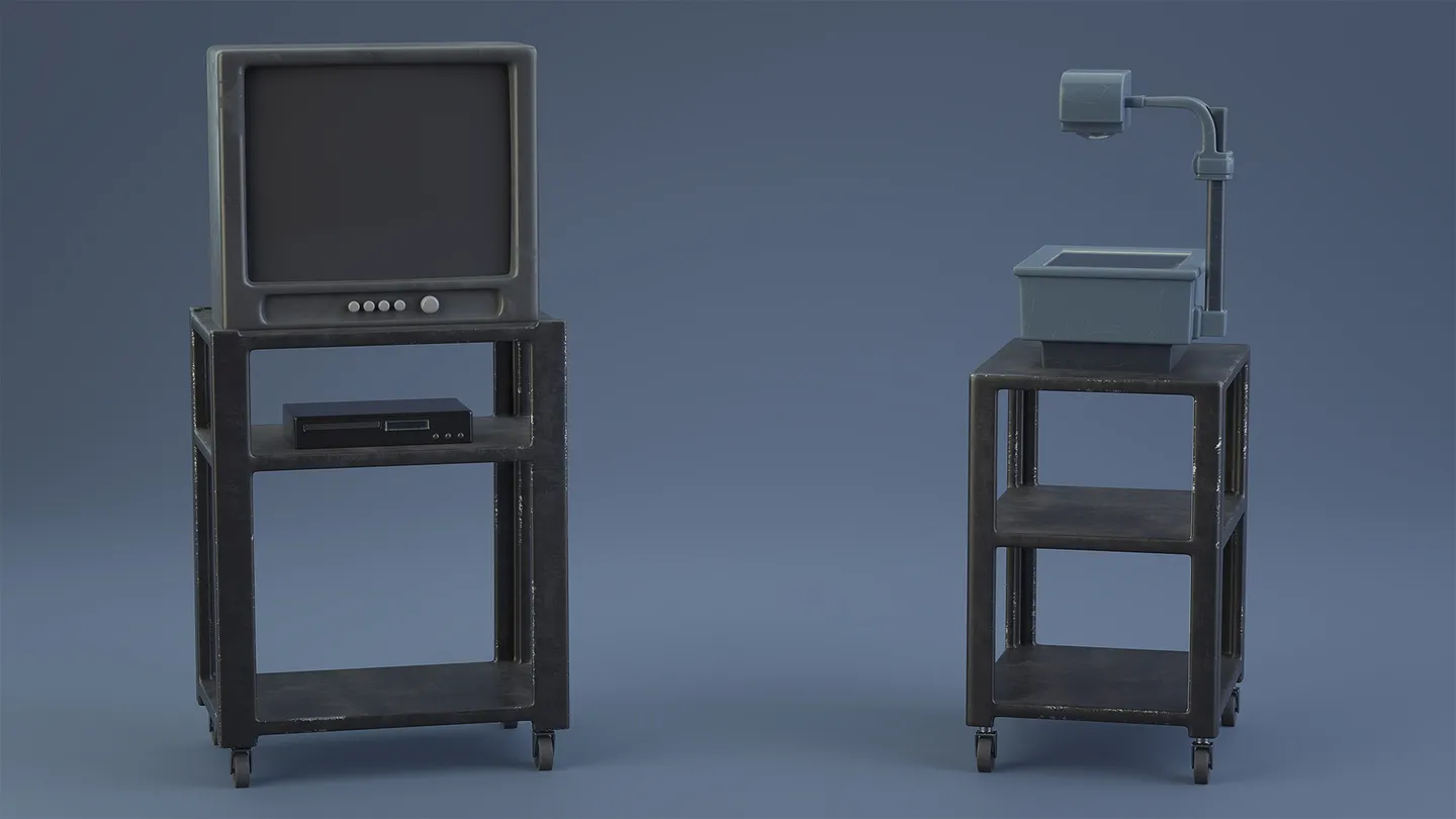 Television and DVD player arranged on a wheeled media cart.