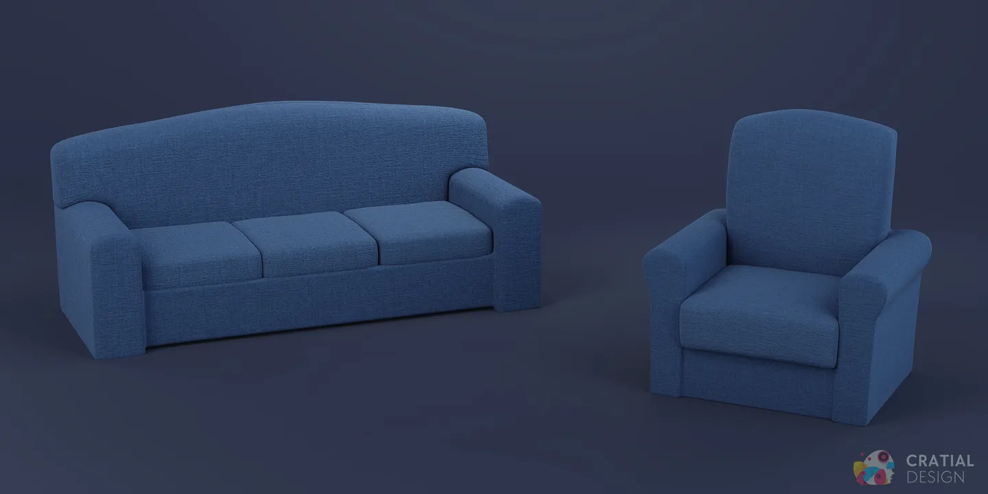 Blue stylized sofa and matching recliner shown together.