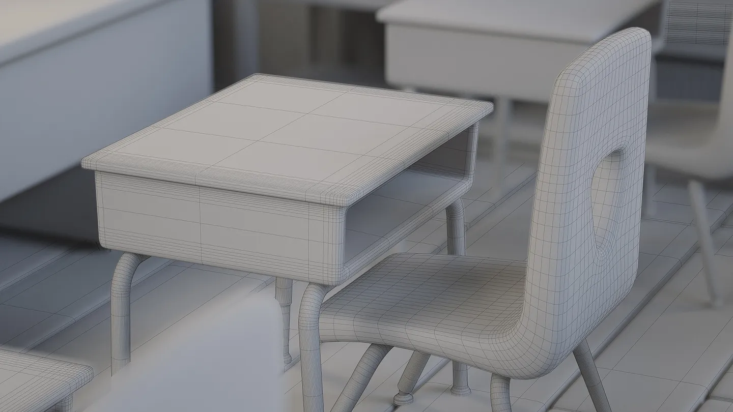 Student desk shown with a wireframe topology overlay.