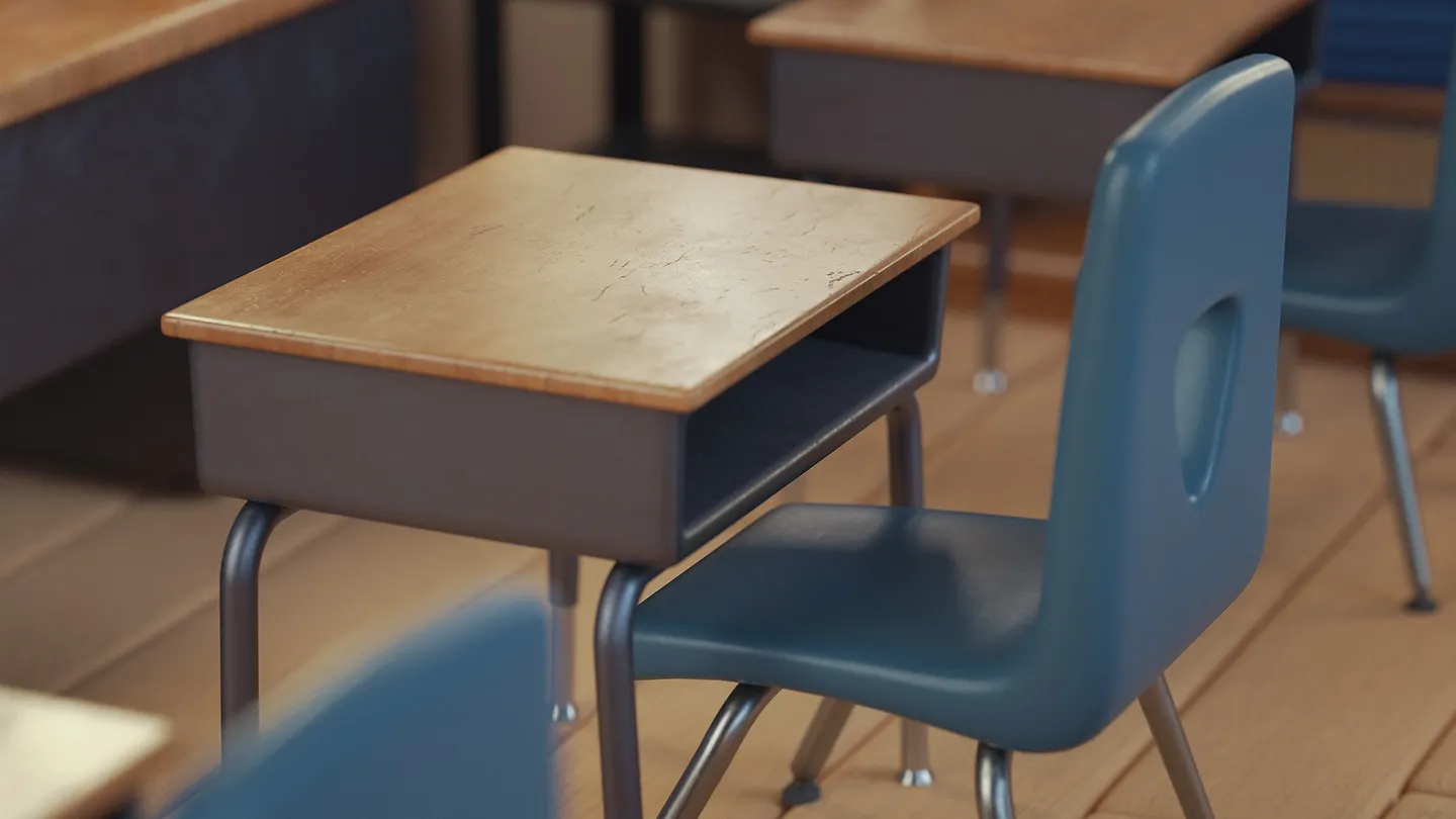 Wood and metal student desk shown from several angles.