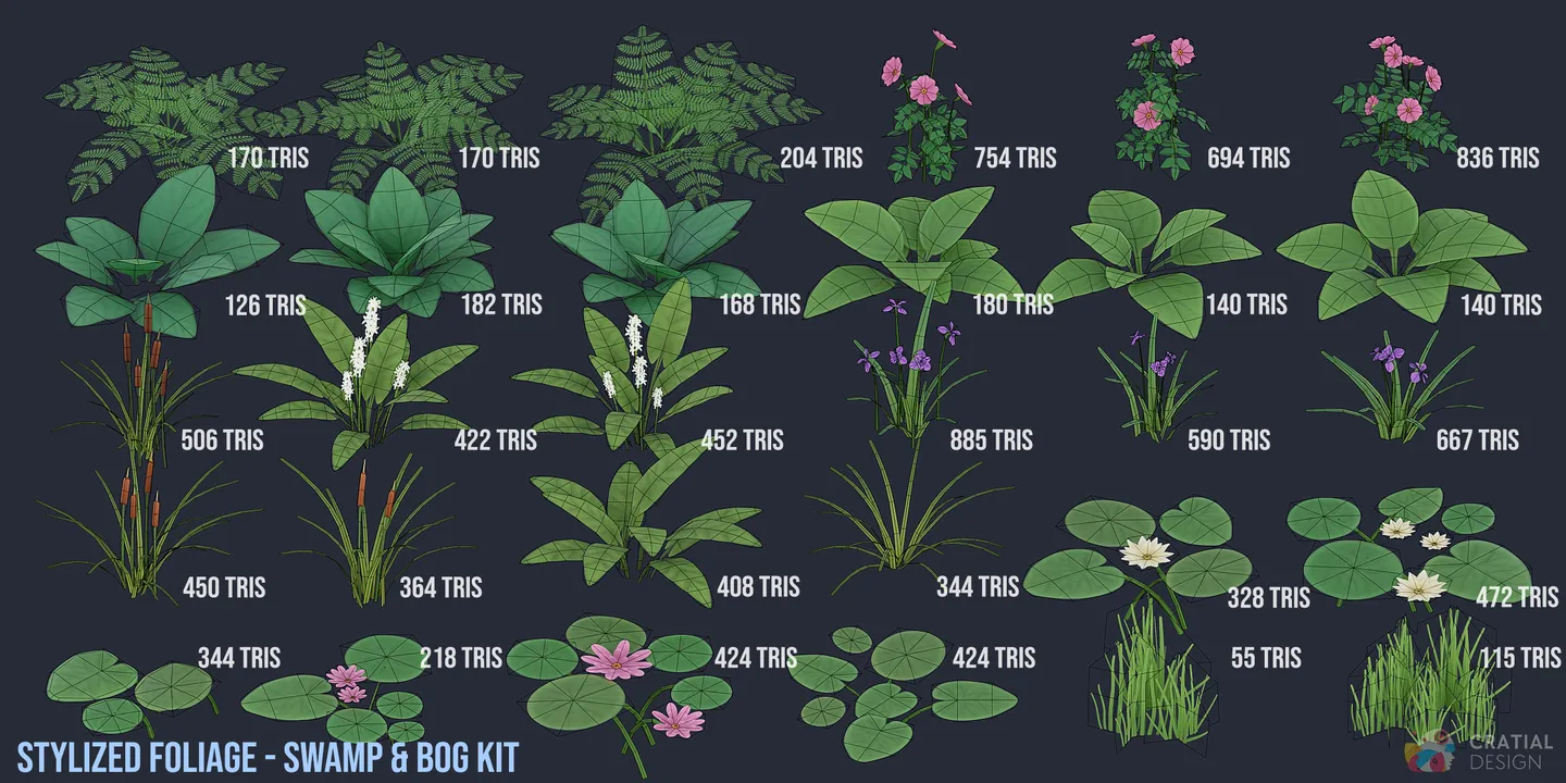Complete swamp and bog foliage collection shown with wireframe topology overlays.