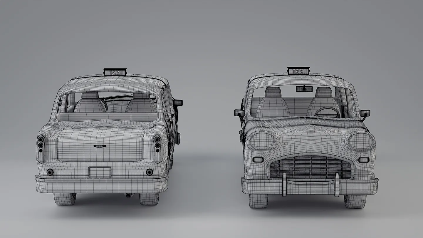 Taxi cab shown from the front and rear with wireframe topology.