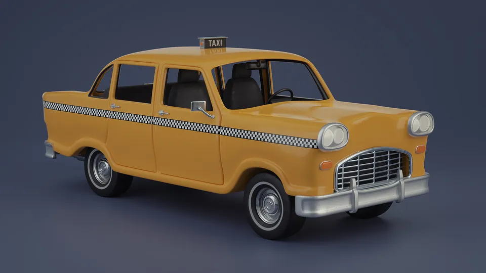 Yellow stylized taxi cab shown from the front passenger side.