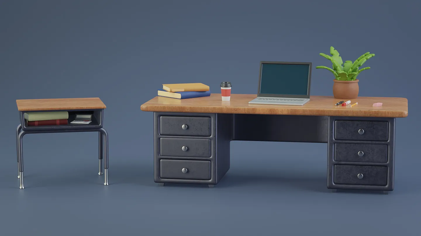 Large wooden teacher desk with drawers shown against a blue background.