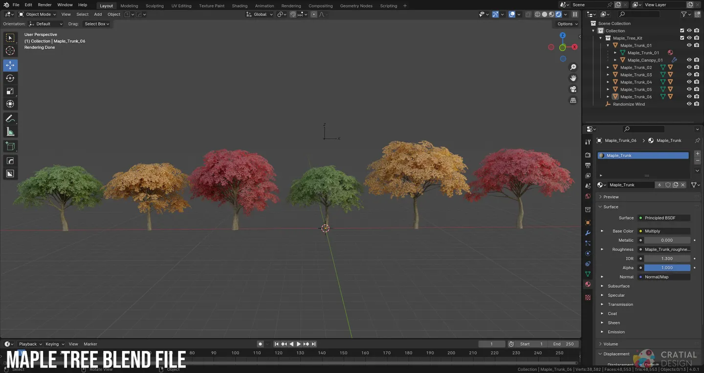 Blender interface showing the stylized maple tree set and organized scene.
