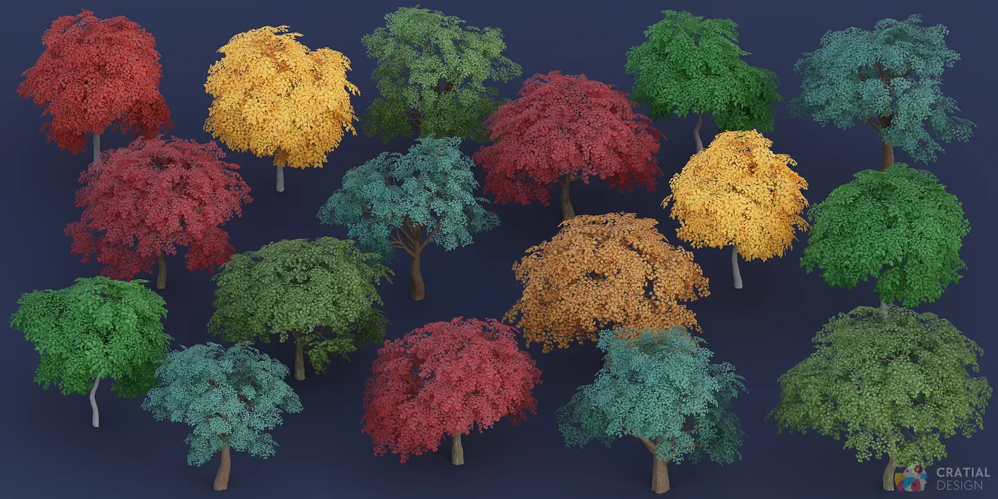 Complete collection of stylized birch, oak, and maple trees shown in green, blue-green, yellow, orange, and red leaf colors.