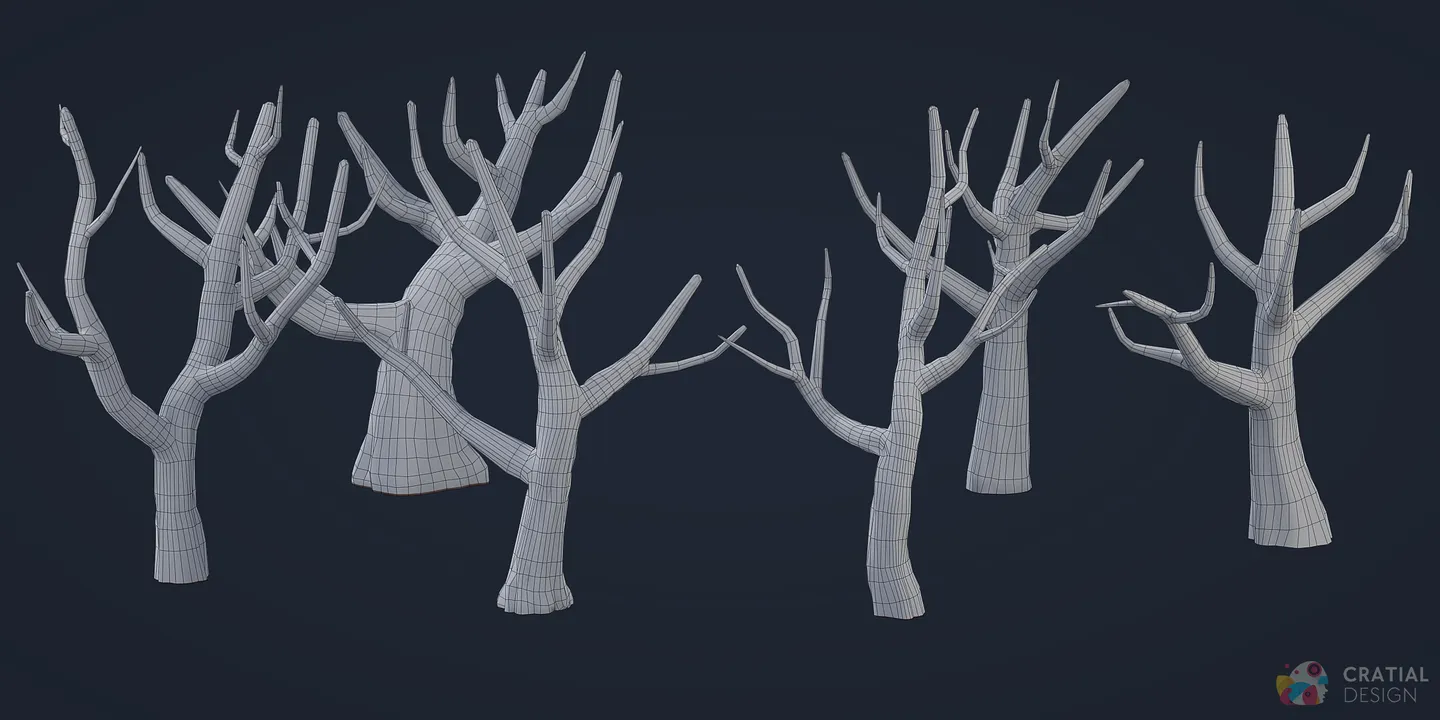 Stylized tree trunk models shown with wireframe topology overlays.
