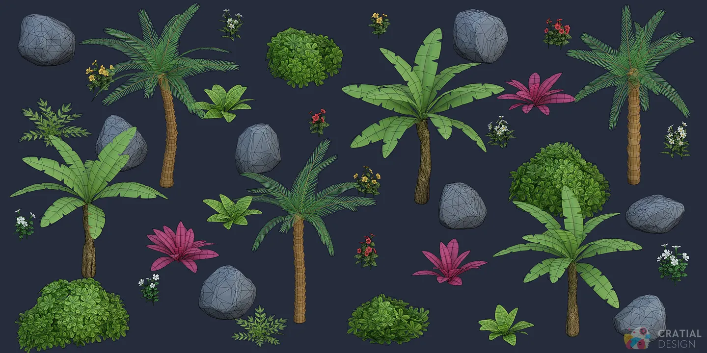 Complete tropical nature collection shown with wireframe topology overlays.