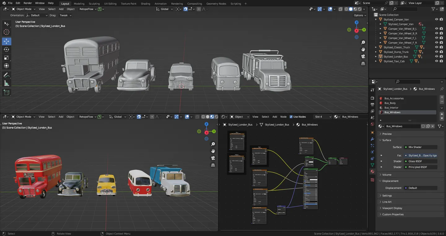 Blender interface showing all five stylized vehicles arranged together in the complete kit.