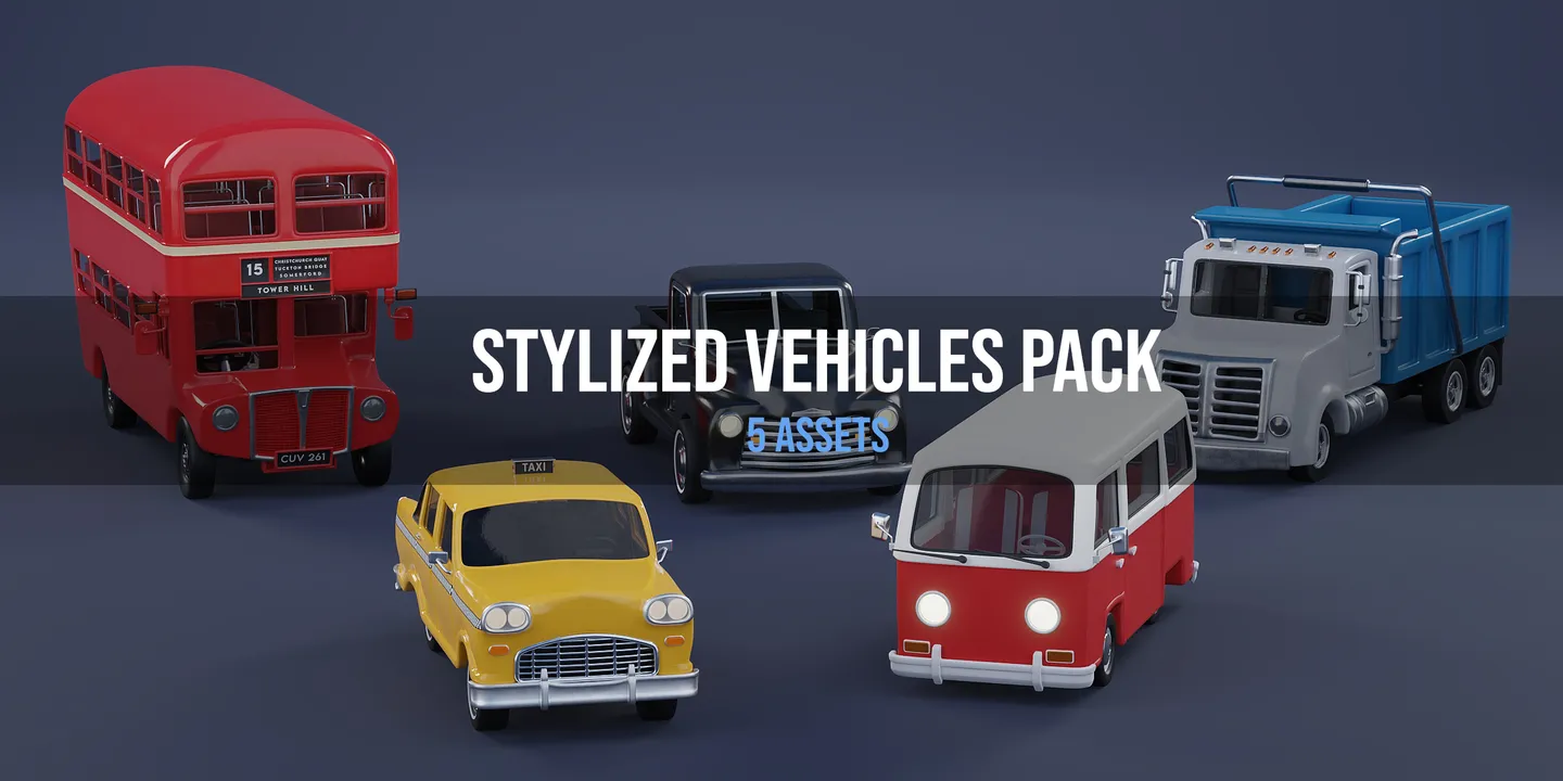 Five stylized vehicles including a double-decker bus, classic pickup, taxi cab, camper van, and dump truck.