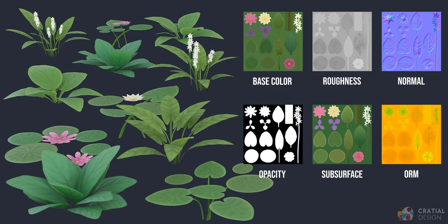 Wetland grass foliage shown beside additional labeled PBR texture maps.
