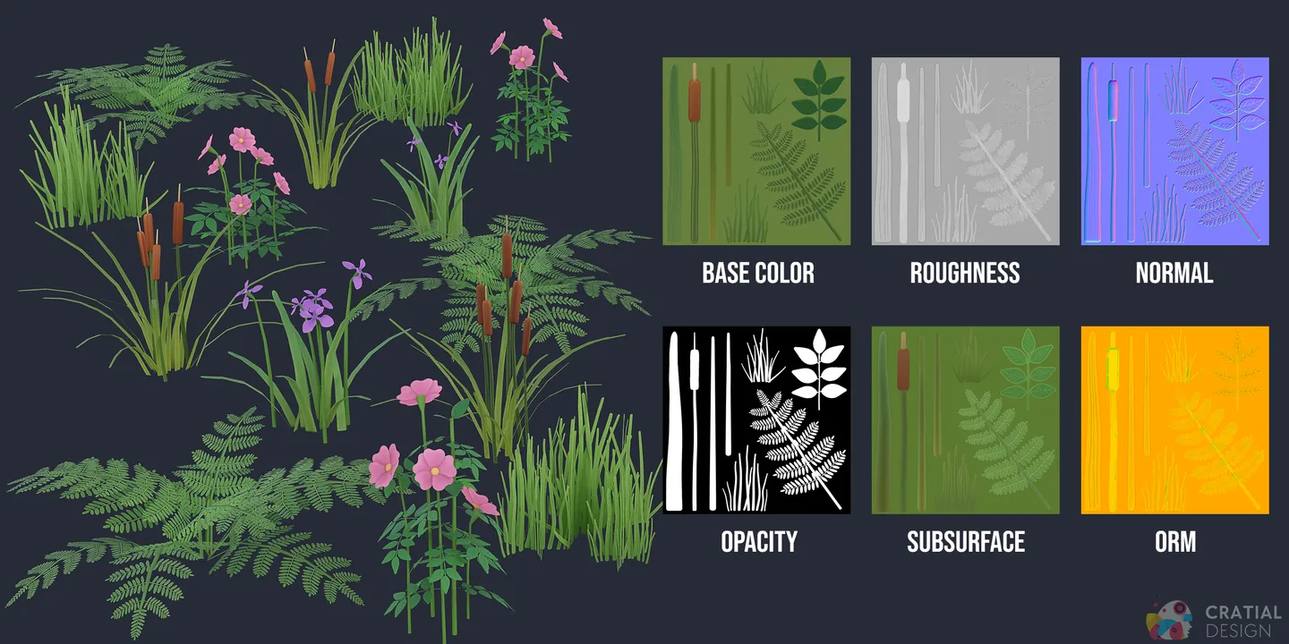 Swamp fern and grass models shown beside labeled PBR texture-map examples.