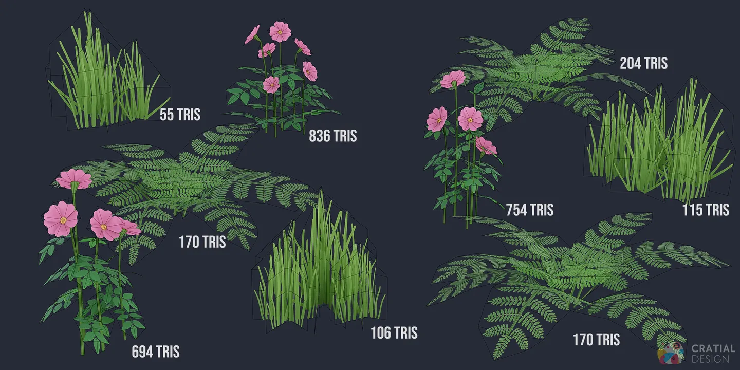 Swamp flowers, ferns, and grasses shown with wireframe topology overlays.