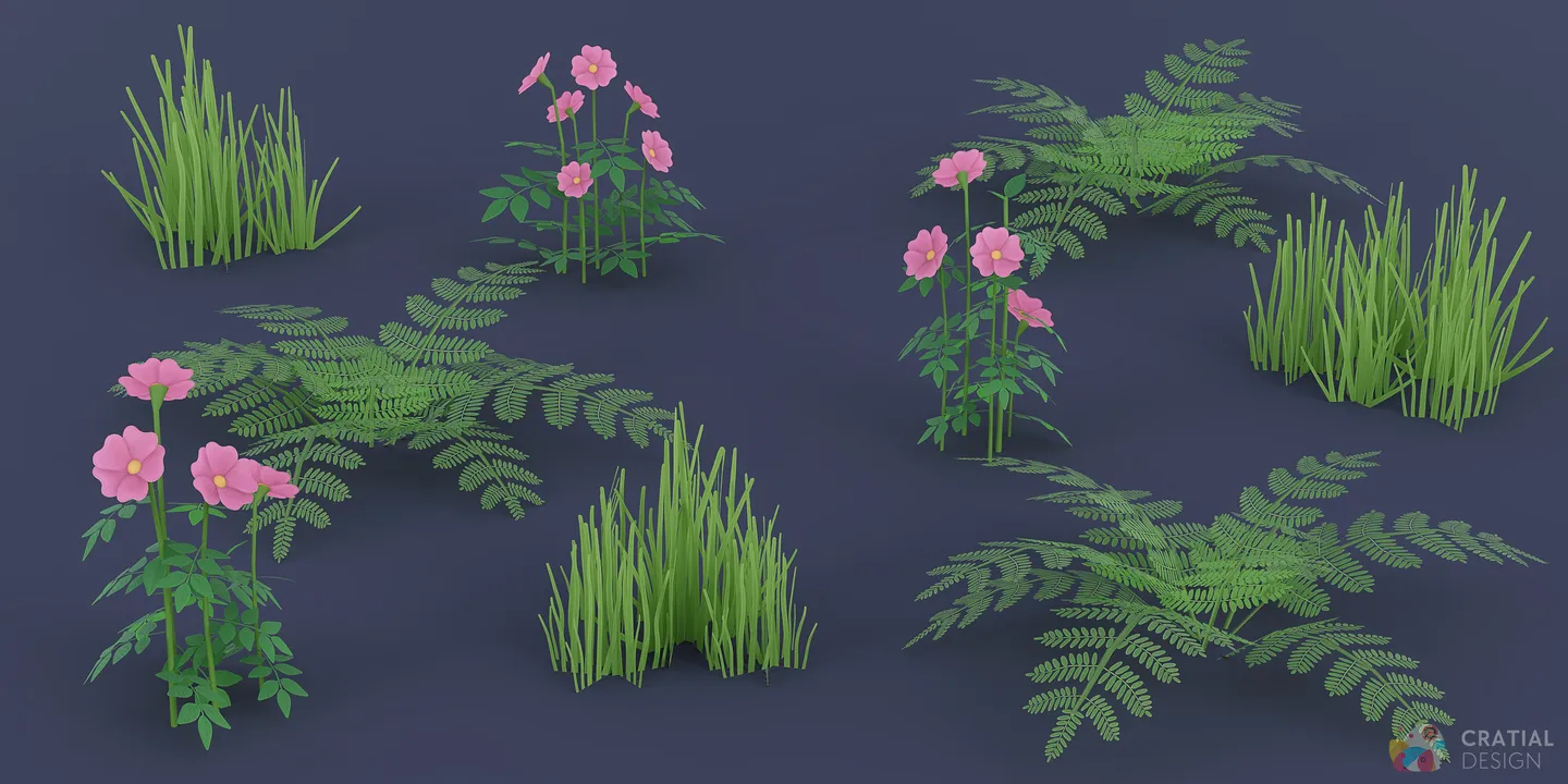 Stylized swamp flowers, royal ferns, broad-leaf plants, and grass variations.