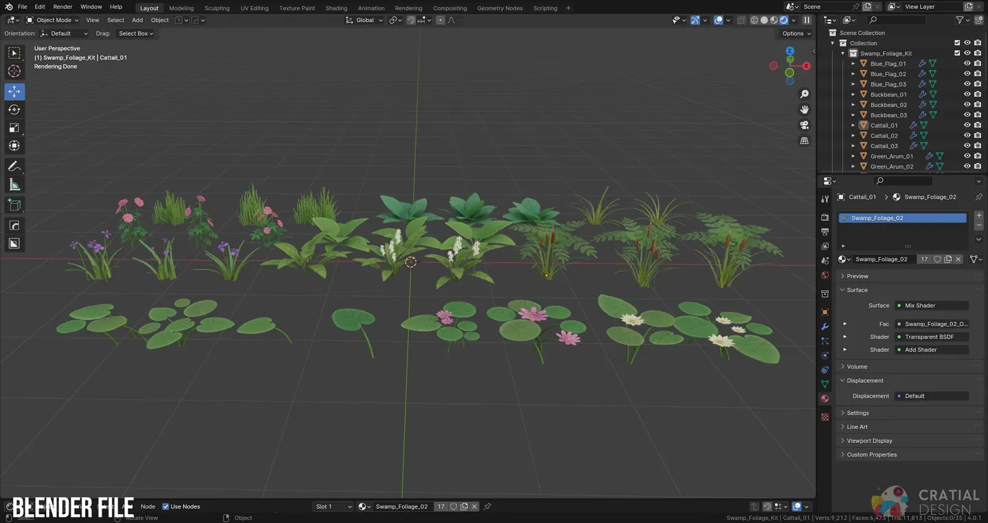 Blender interface showing the complete swamp and bog foliage collection arranged in the included scene.