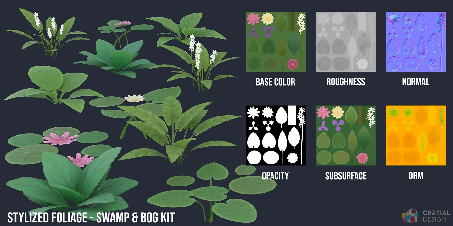 Stylized wetland plants shown with their labeled PBR texture maps.