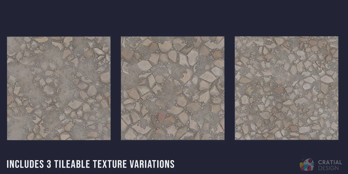 Three tileable concrete and rubble material variations shown as square samples.