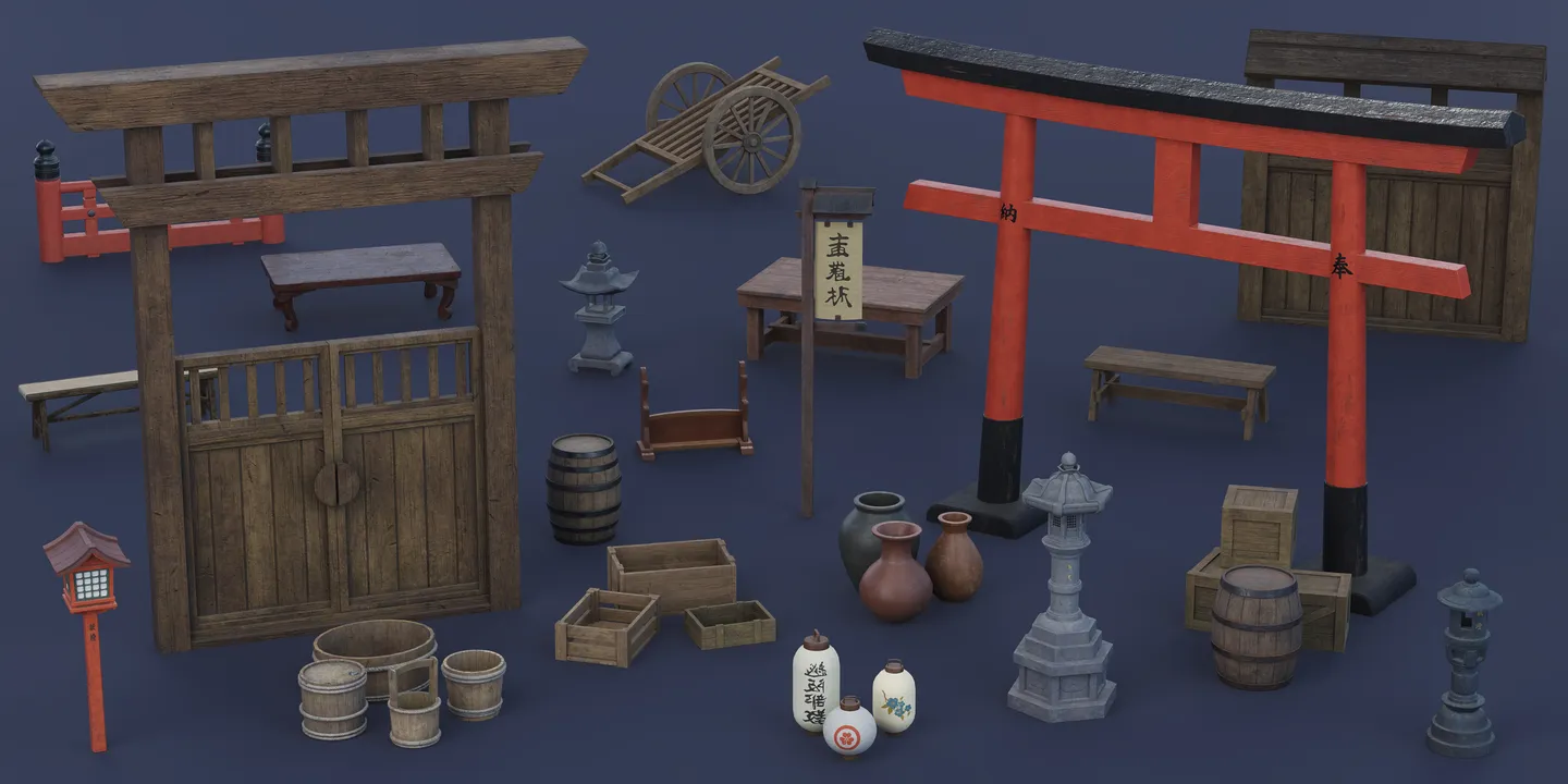 Complete collection of stylized Japanese torii gates, fences, lanterns, pottery, buckets, crates, furniture, and village props.