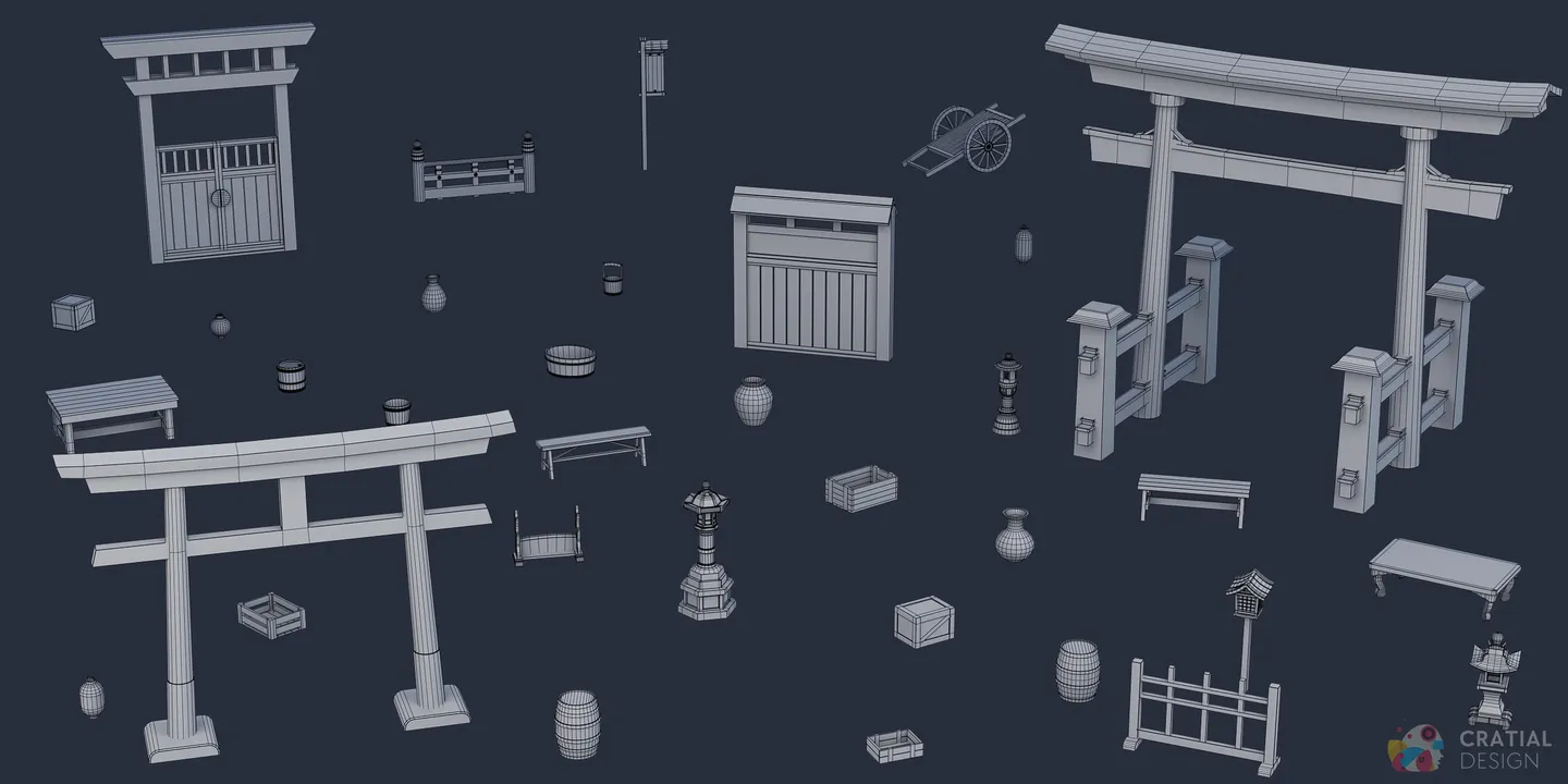Clay overview of the torii gates, fences, lanterns, furniture, pottery, crates, barrels, and smaller Japanese assets.