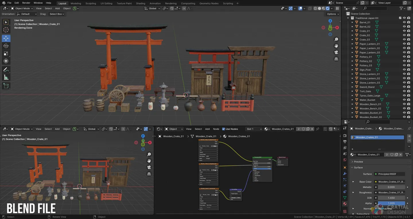 Blender interface showing the complete Traditional Japanese asset collection.