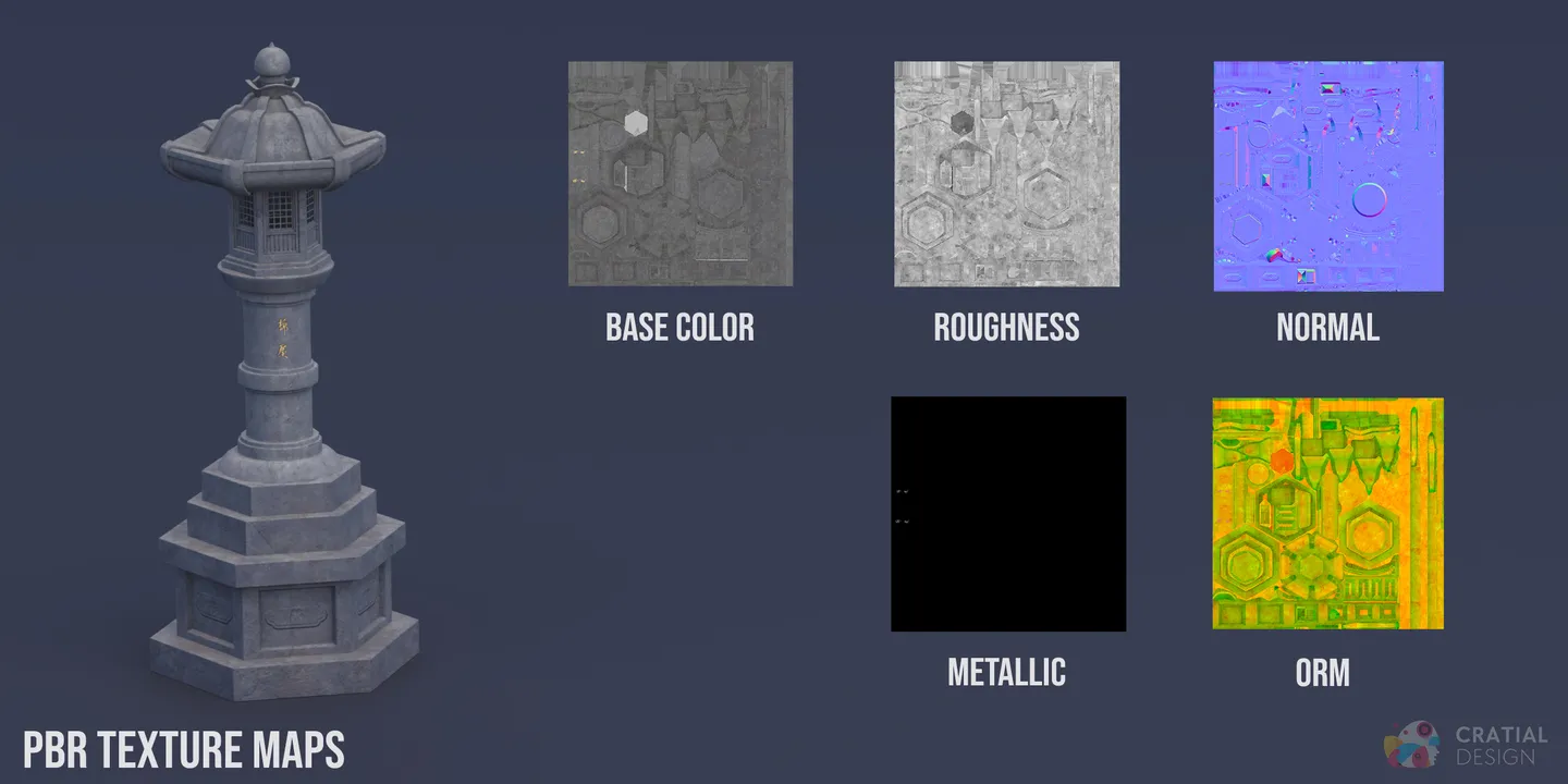 Japanese asset materials displayed beside labeled PBR texture maps.