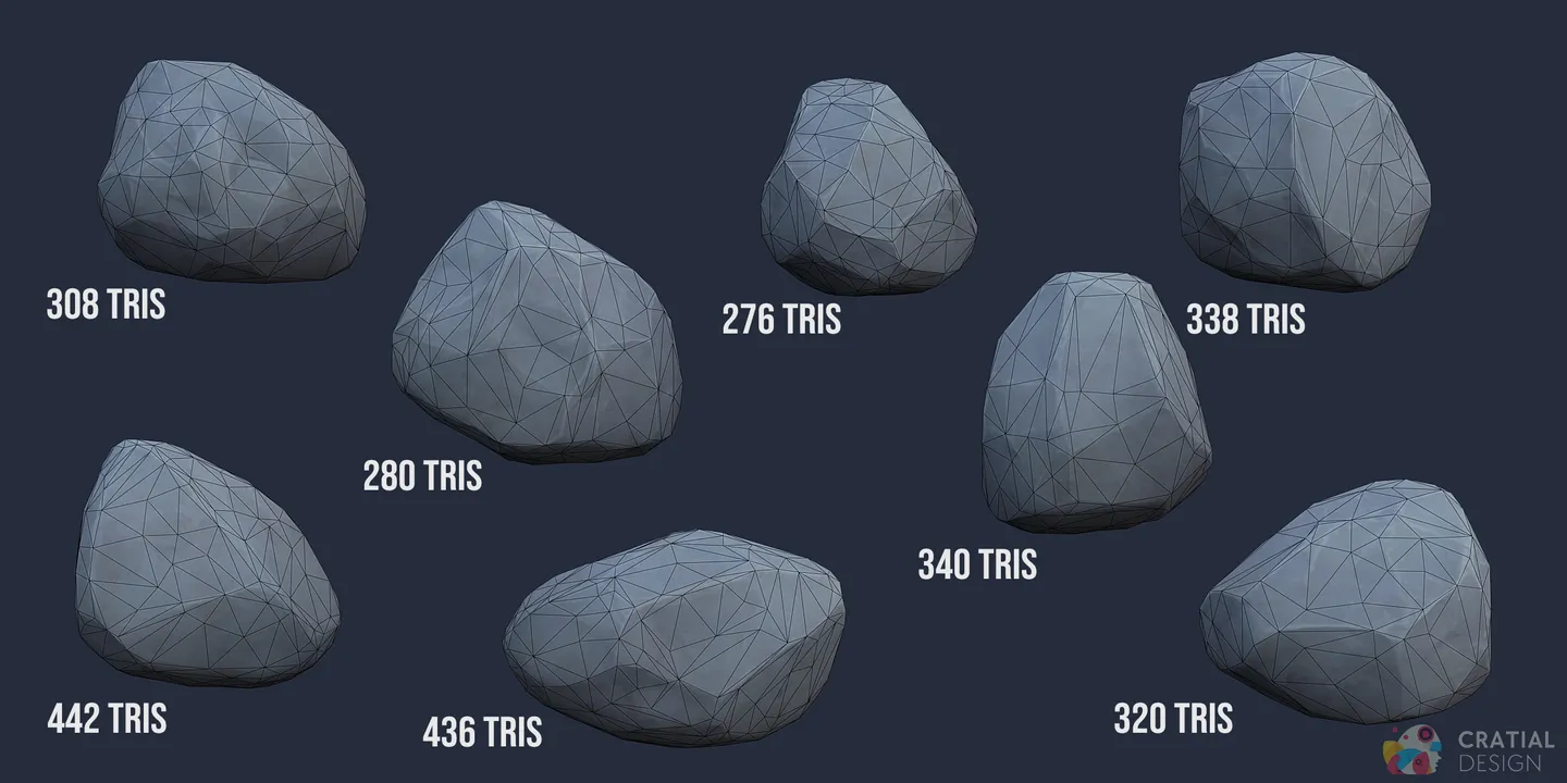 Tropical flowers and rocks shown with wireframe topology overlays.
