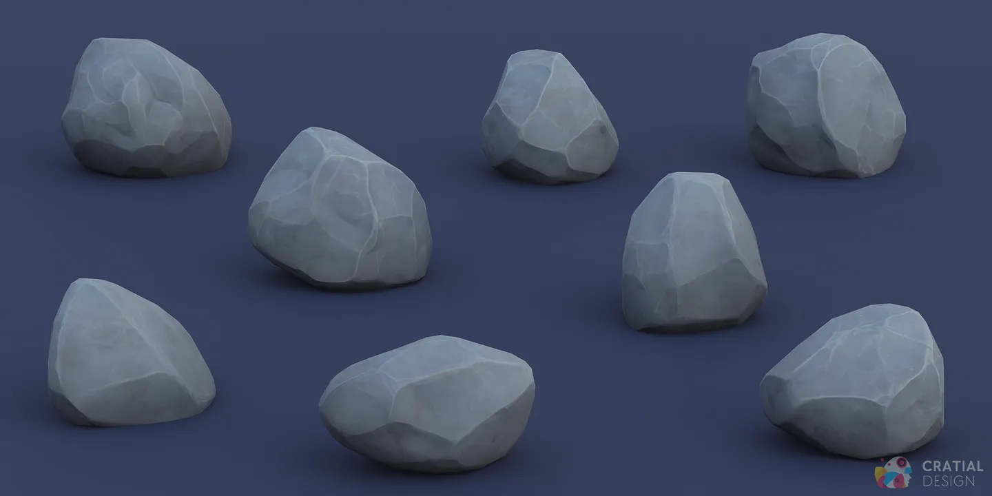 Stylized flowering plants and tropical rock models arranged against a dark blue background.
