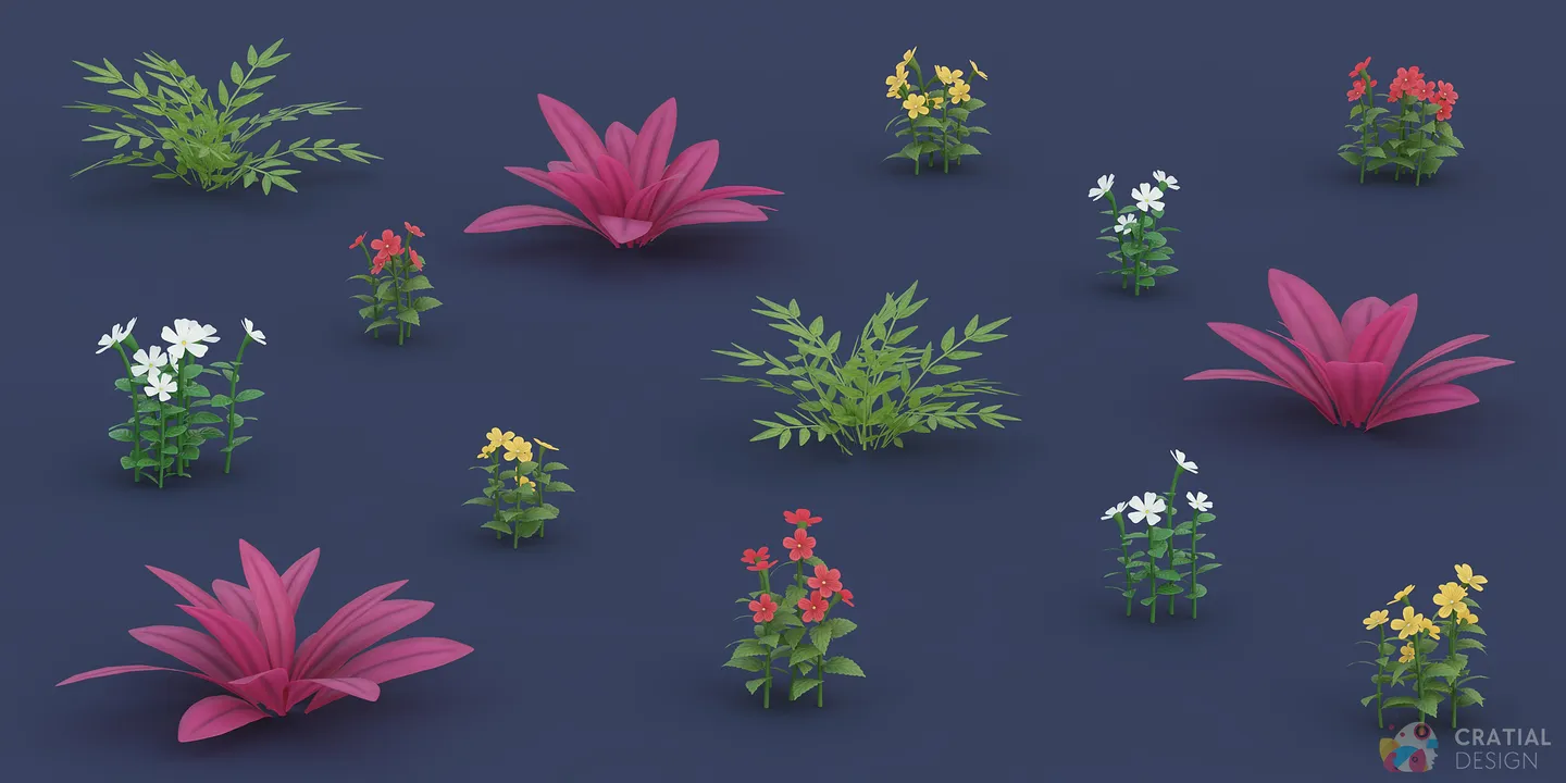Colorful hibiscus, jasmine, gardenia, and shrub models arranged together.