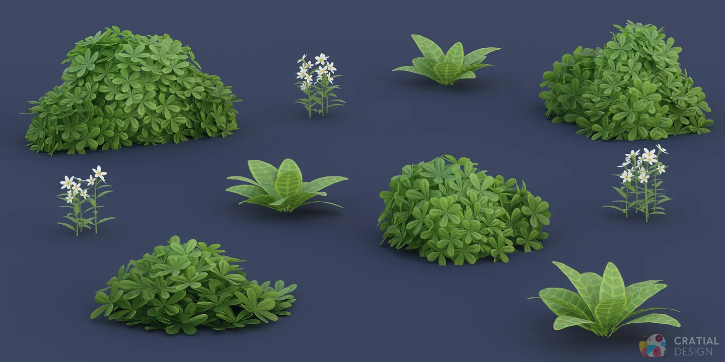 Additional stylized tropical flowers, shrubs, and broad-leaf plants.