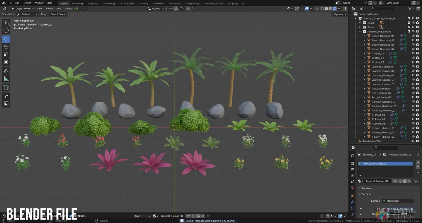 Blender interface showing the tropical island nature assets arranged in the scene.