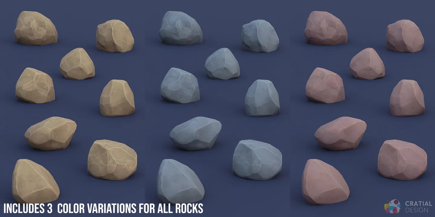 Stylized tropical rocks shown in several included material colors.